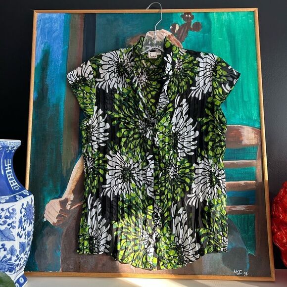 Sash Green Floral Sheer Ruffle blouse Medium - Picture 1 of 16
